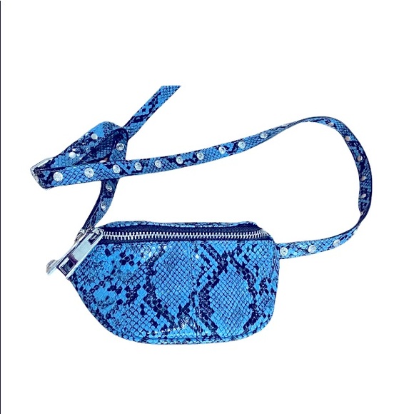 Zara Blue Python Snakeskin Rhinestone Bum Belt Bag Cross Body Purse Fanny Pack - Picture 1 of 11